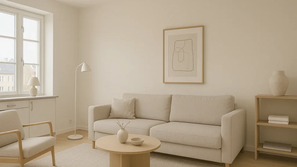 Vardagsrum i ett möblerat företagsboende